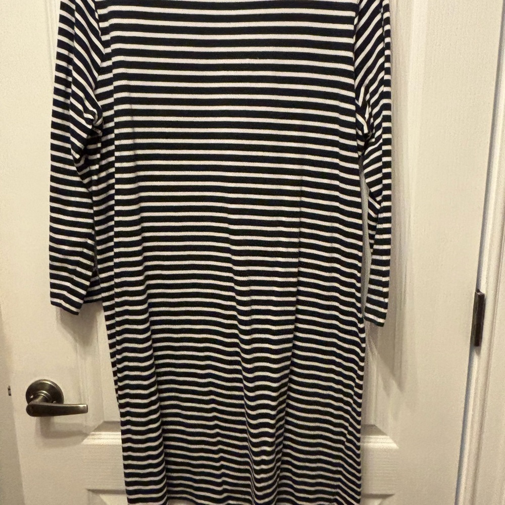 White and Blue Sheath Dress with Bateau Neckline